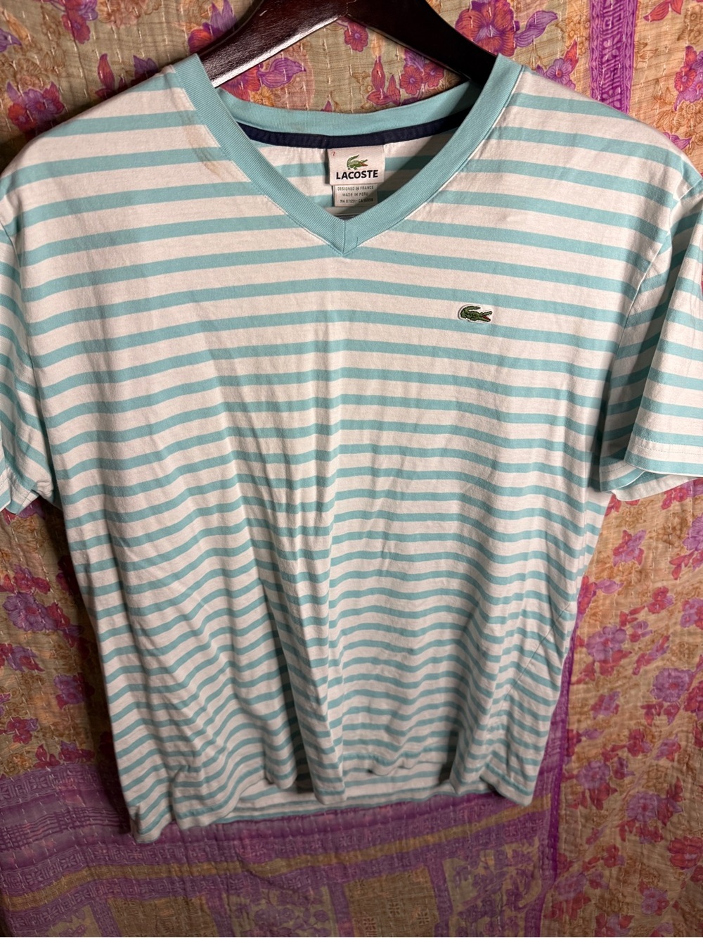 Lacoste Mint & White Striped V-Neck Short Sleeve Tee